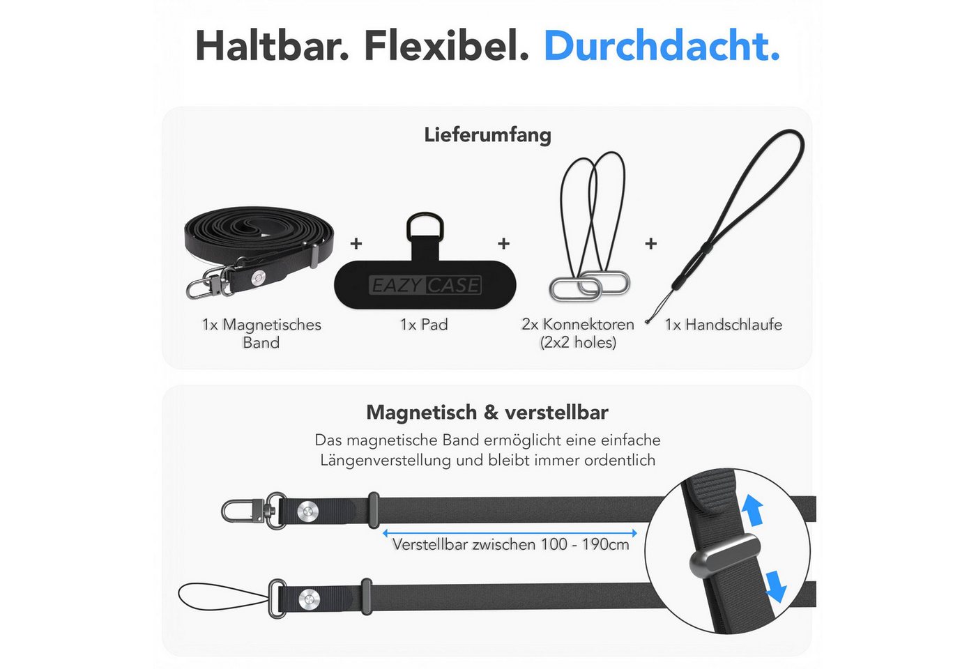 EAZY CASE Handykette Universal für alle Smartphones - modisch & funktional, Schwarze Handykette mit Magnetband und Einlegepad, 1–1,90 m