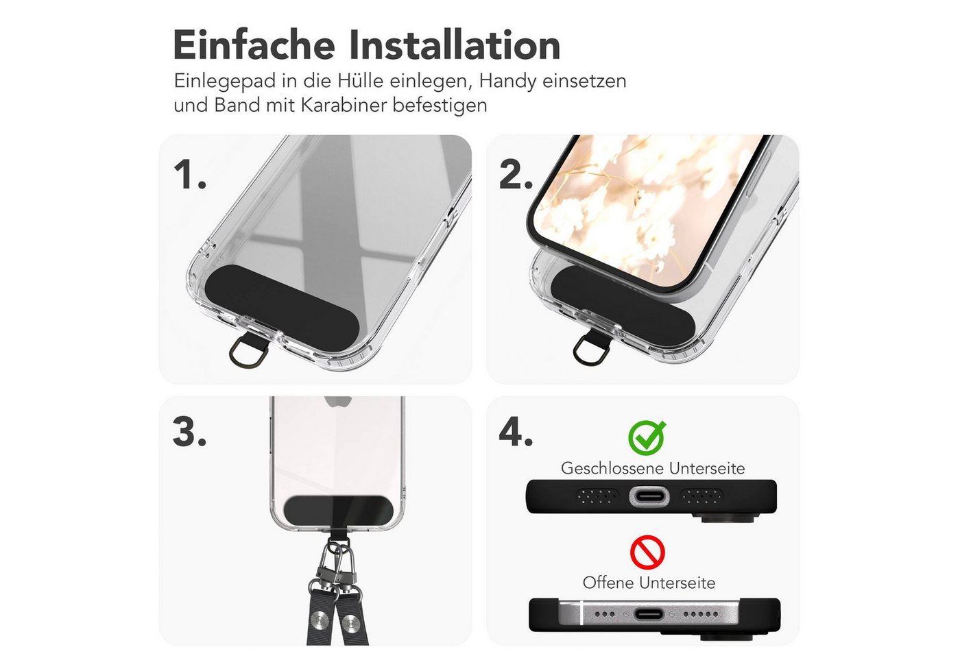 EAZY CASE Handykette Universal für alle Smartphones - modisch & funktional, Schwarze Handykette mit Magnetband und Einlegepad, 1–1,90 m Bild 2