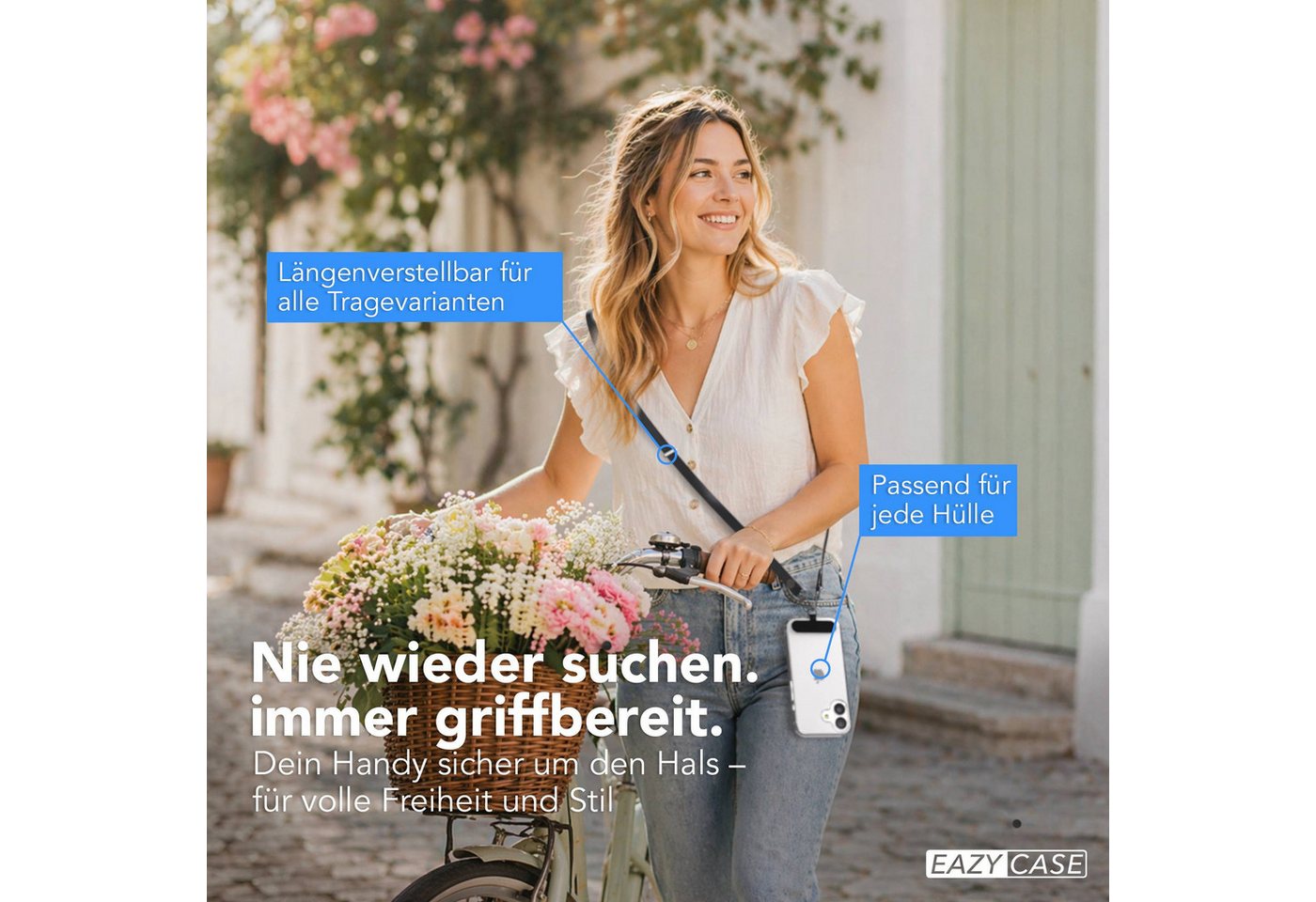 EAZY CASE Handykette Universal für alle Smartphones - modisch & funktional, Schwarze Handykette mit Magnetband und Einlegepad, 1–1,90 m Bild 3
