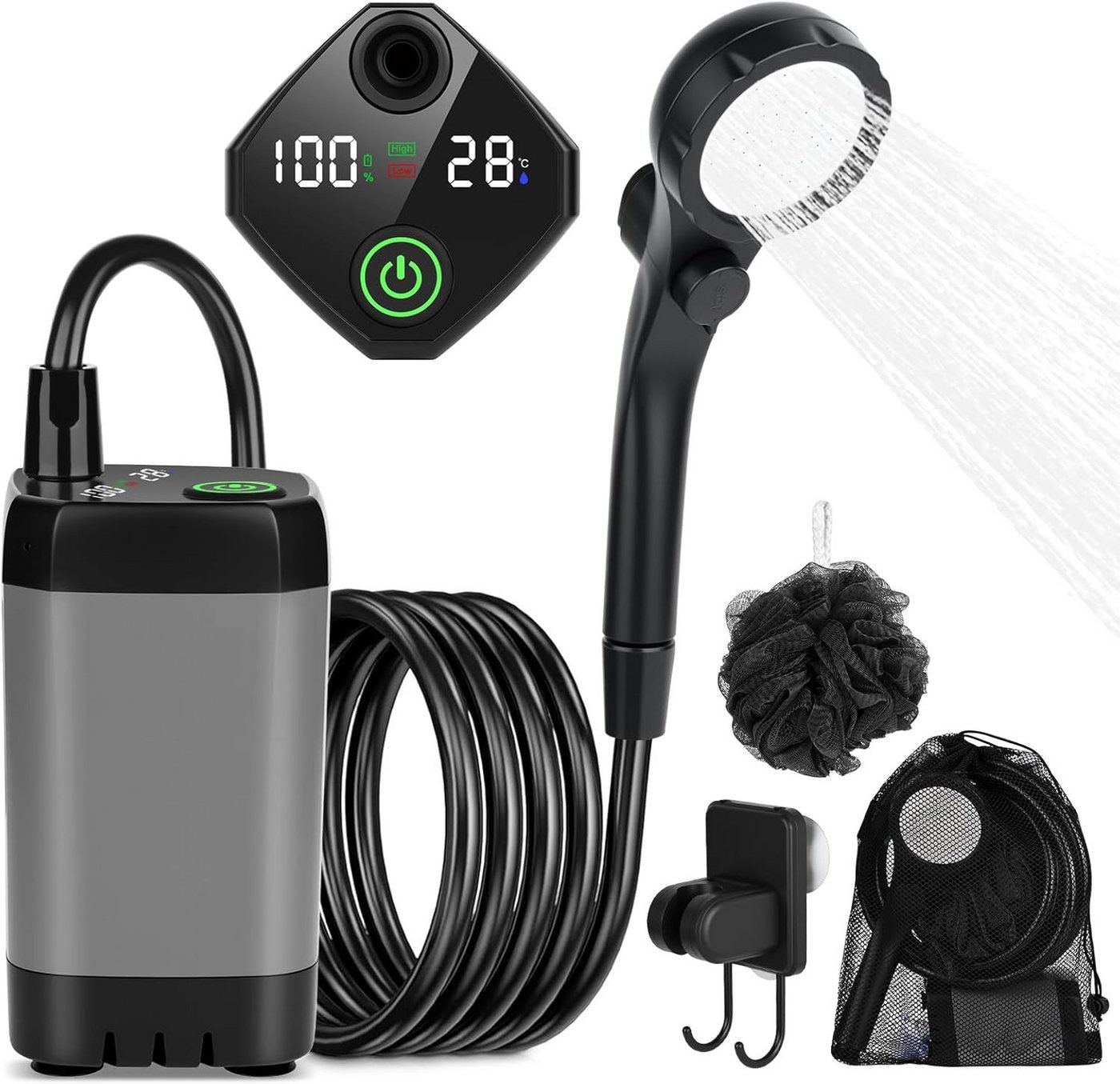 Topcony Gartendusche Campingdusche Tragbare Camping Dusche mit Pumpe und Temperaturanzeige (Camping Dusche Outdoor Set mit Duschkopf und Schlauch, für Garten, Autowaschen, Strand, Reisen, Haustier), mit wiederaufladbarem 6000mAh Akku & LED-Anzeige