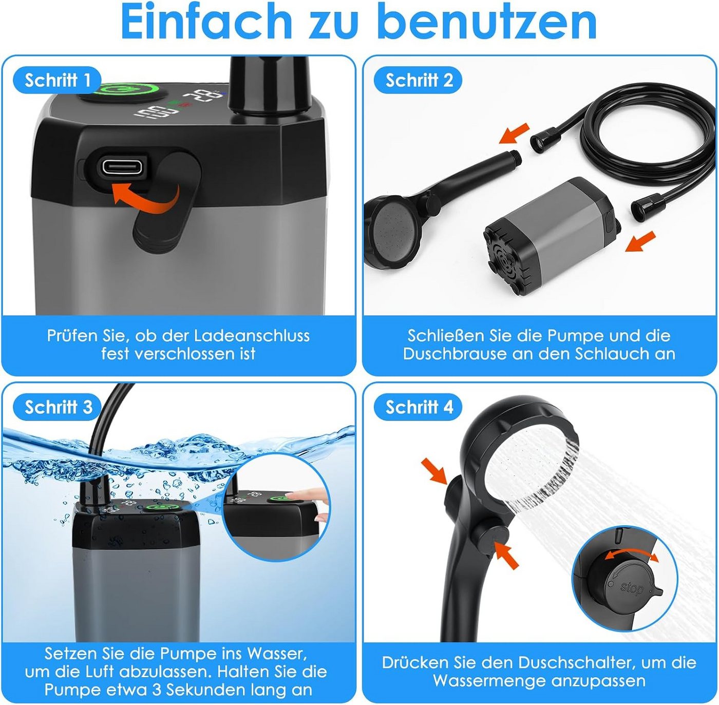 Topcony Gartendusche Campingdusche Tragbare Camping Dusche mit Pumpe und Temperaturanzeige (Camping Dusche Outdoor Set mit Duschkopf und Schlauch, für Garten, Autowaschen, Strand, Reisen, Haustier), mit wiederaufladbarem 6000mAh Akku & LED-Anzeige Bild 3
