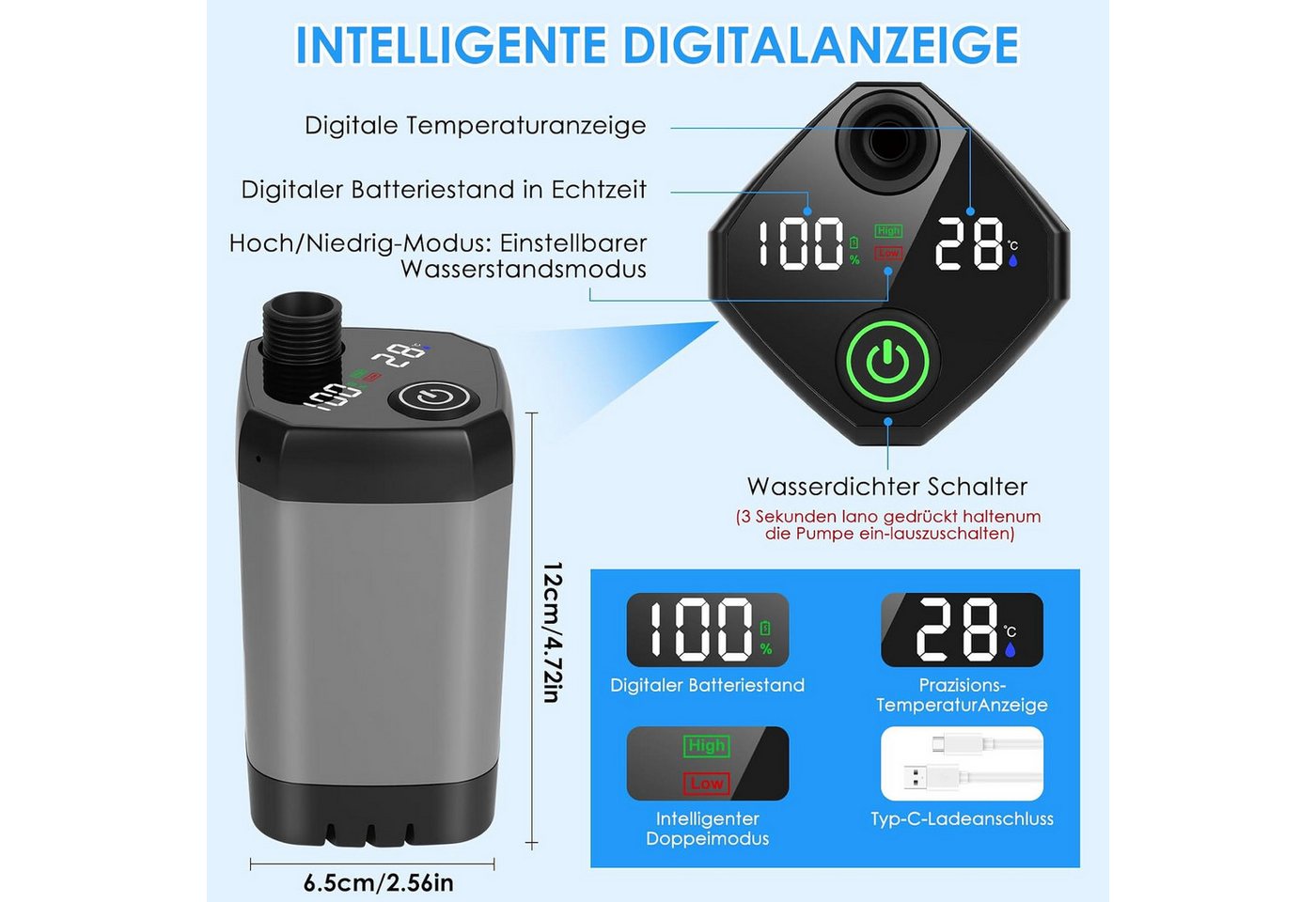 Topcony Gartendusche Campingdusche Tragbare Camping Dusche mit Pumpe und Temperaturanzeige (Camping Dusche Outdoor Set mit Duschkopf und Schlauch, für Garten, Autowaschen, Strand, Reisen, Haustier), mit wiederaufladbarem 6000mAh Akku & LED-Anzeige Bild 4