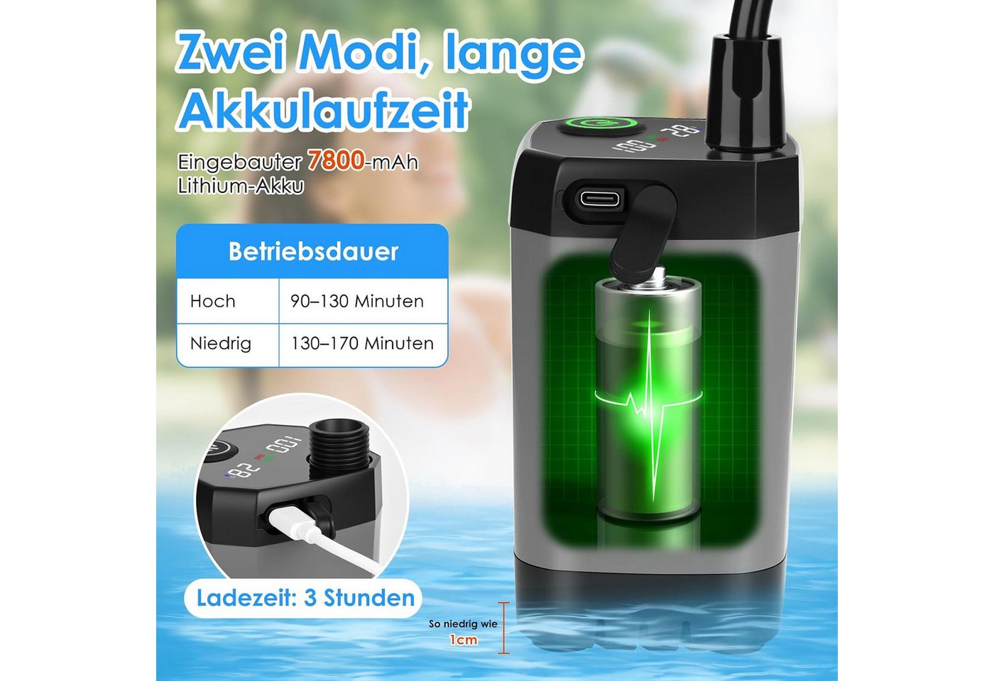 Topcony Gartendusche Campingdusche Tragbare Camping Dusche mit Pumpe und Temperaturanzeige (Camping Dusche Outdoor Set mit Duschkopf und Schlauch, für Garten, Autowaschen, Strand, Reisen, Haustier), mit wiederaufladbarem 6000mAh Akku & LED-Anzeige Bild 5