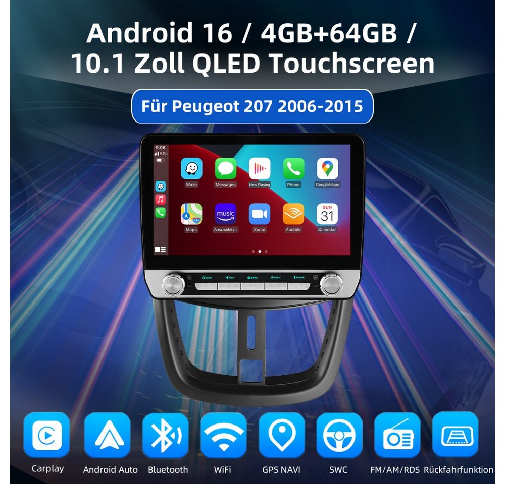 ESSGOO Für Peugeot 207 CC 2006-2015 Carplay GPS WIFI Autoradio (RDS, Digitalradio (DAB), FM, Carplay Android Auto Bluetooth FM AM RDS WIFI GPS Navigationsgerät) Bild 3
