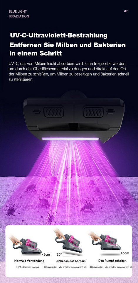 Vornix Matratzenreinigungsgerät Milbenstaubsauger mit 10000Pa Saugkraft, UV-C Sterilisationslicht, mehrstufiges Filtersystem, Matratzenreiniger gegen Hausstaubmilben Bild 3