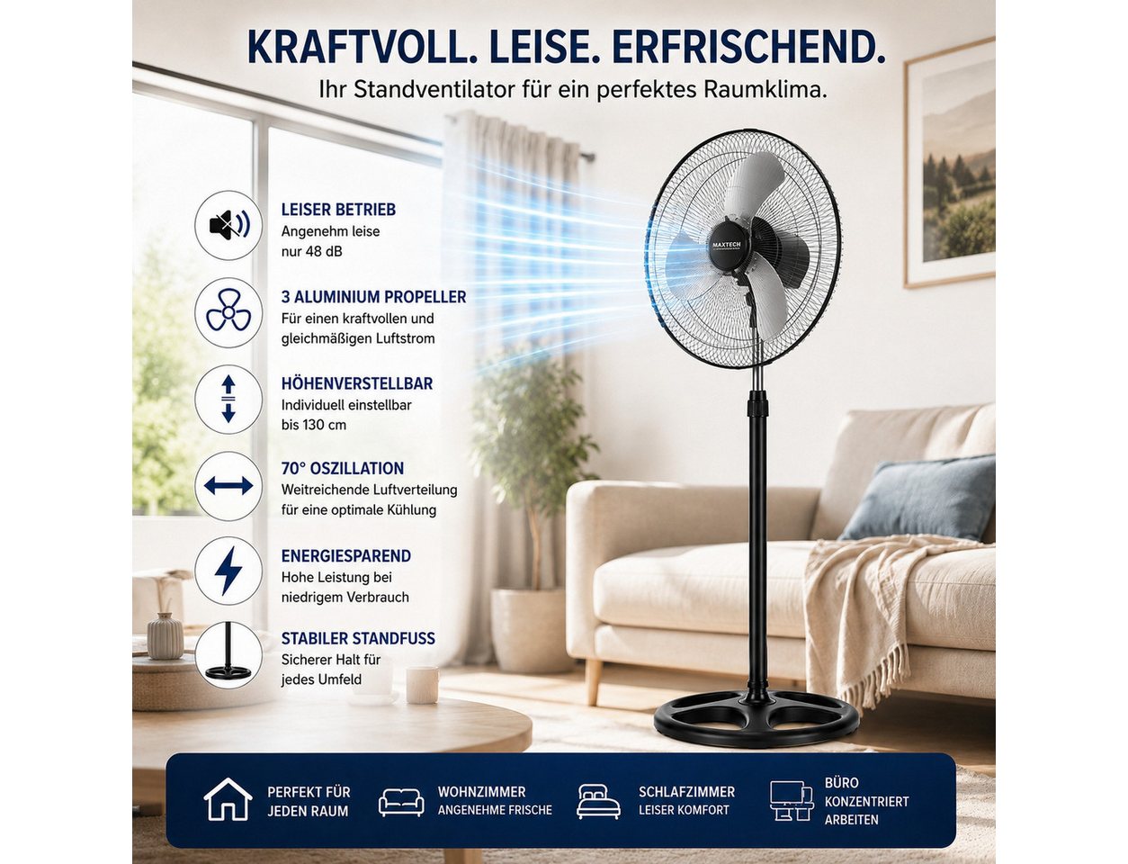 Ertex Standventilator Standventilator Ventilator Kühler Standventilator 130 cm STARK 45W