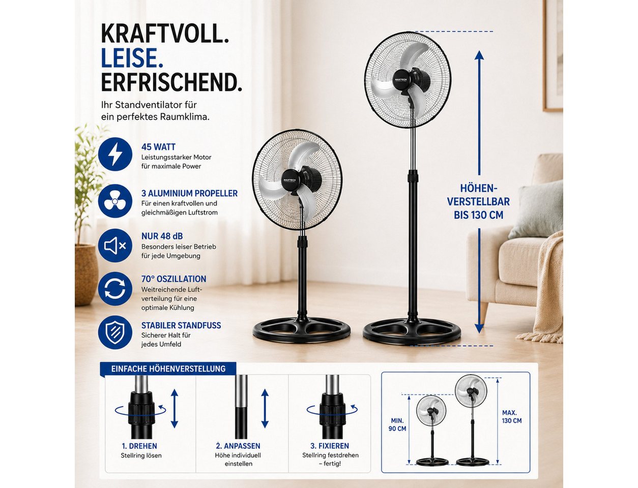 Ertex Standventilator Standventilator Ventilator Kühler Standventilator 130 cm STARK 45W Bild 5