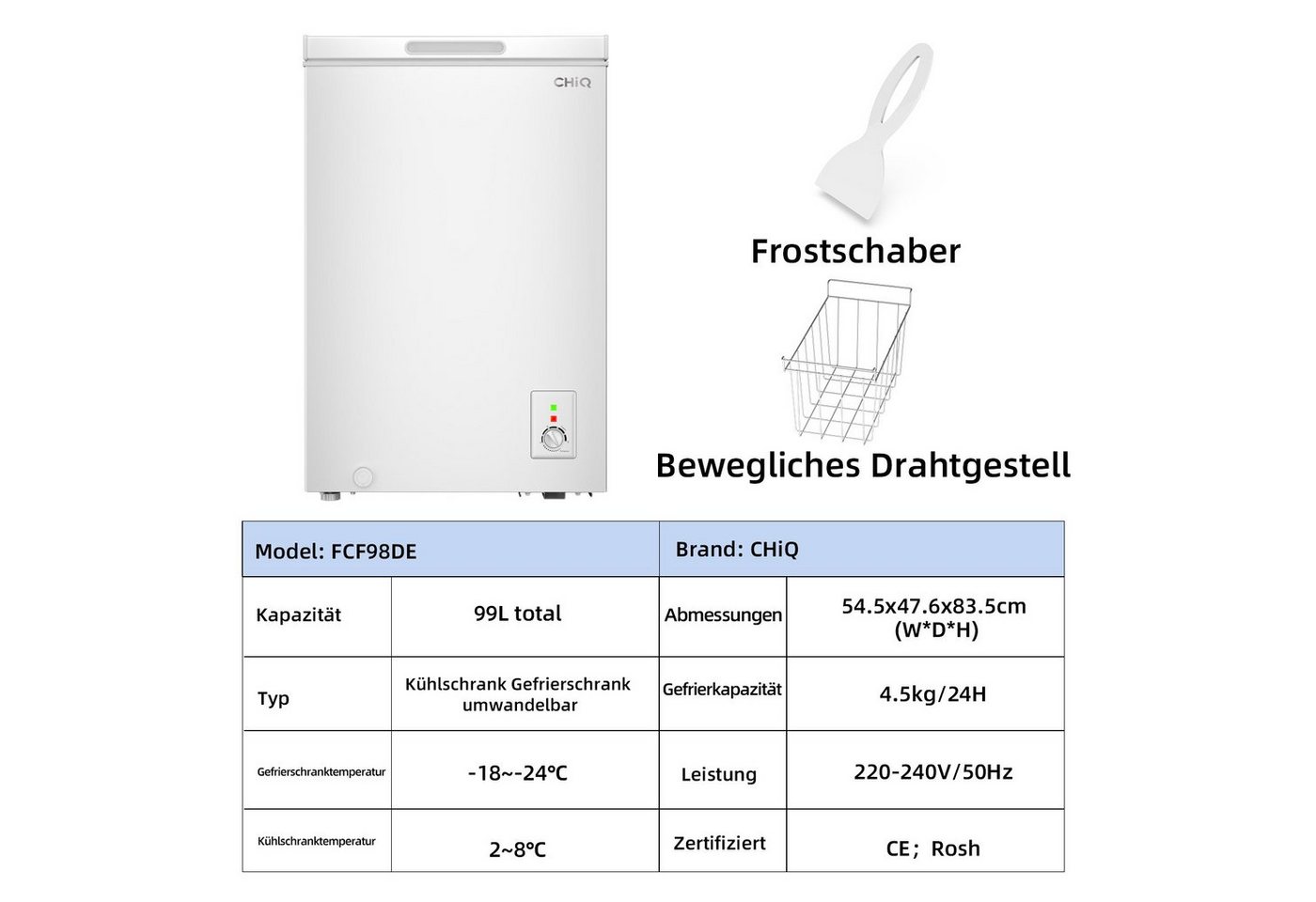 CHiQ Gefriertruhe Chest Freezer FCF98DE, 54.5 cm breit, 99 l, Inverter-Gefrierschrank, Außentemperaturanzeige, -32 ℃ Bild 4