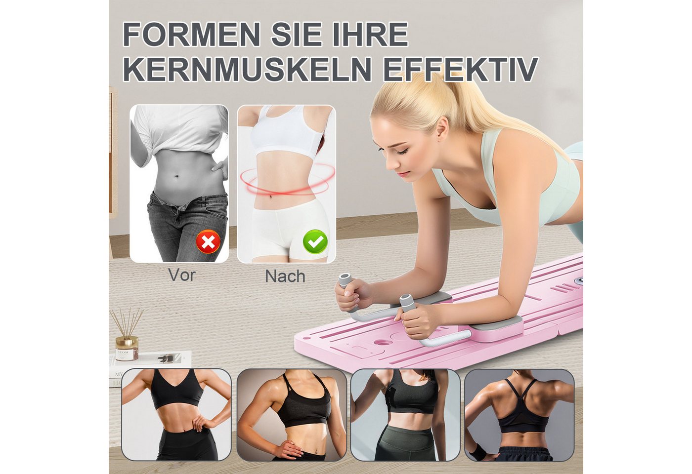 kehot Ganzkörpertrainer Faltbare Pilates-Fitnessboard, Multifunktionale Trainingsplattform, (Mit Widerstandsbändern, Griffen & Fußstützen für Vielseitige Übungen, 11-tlg., Inklusive Yoga-Pad & Timer – ideal für Home-Workout & Core-Training), Rutschfestes Material, Kompakt Verstaubar & Komfortables Handling