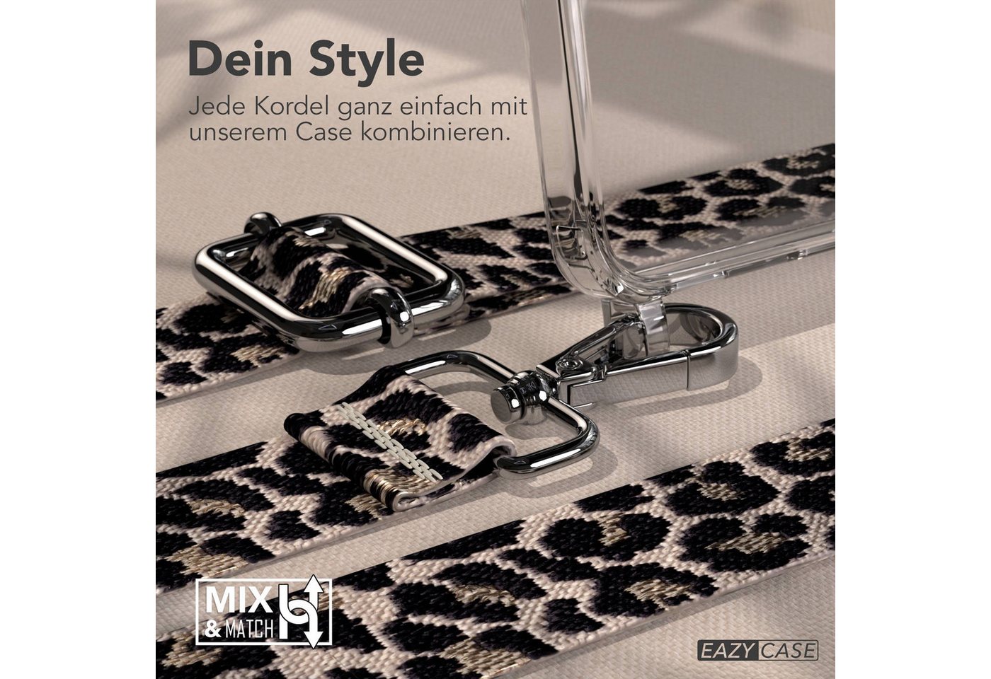 EAZY CASE Handykette Umhängeband für Samsung Galaxy A17 6,7 Zoll, Kettenhülle abnehmbare Kordel Slim Clear-Cover Leo-Style Schwarz Beige Bild 2