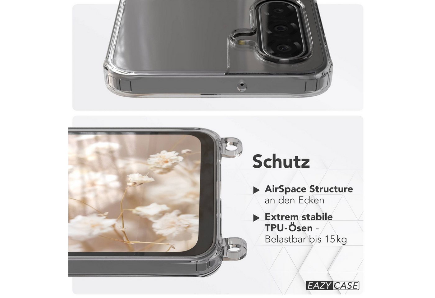 EAZY CASE Handykette Umhängeband für Samsung Galaxy A17 6,7 Zoll, Kettenhülle abnehmbare Kordel Slim Clear-Cover Leo-Style Schwarz Beige Bild 4