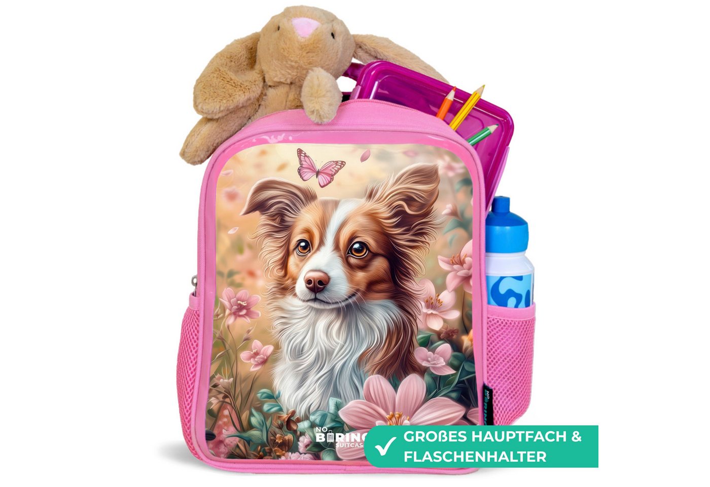 NoBoringSuitcases.com© Rucksack Rosa - Hund im Blumenfeld mit Schmetterlingen, Kinderrucksack, Schulrucksack, Freizeitrucksack, Mädchen, Kindergarten Bild 2