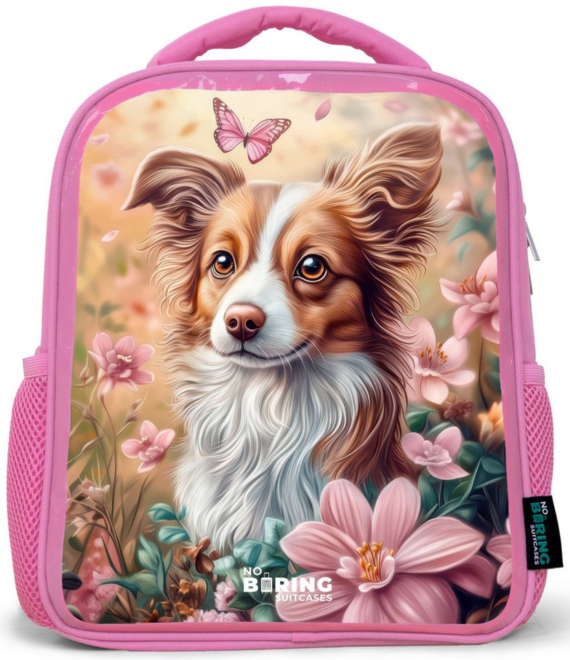 NoBoringSuitcases.com© Rucksack Rosa - Hund im Blumenfeld mit Schmetterlingen, Kinderrucksack, Schulrucksack, Freizeitrucksack, Mädchen, Kindergarten Bild 4