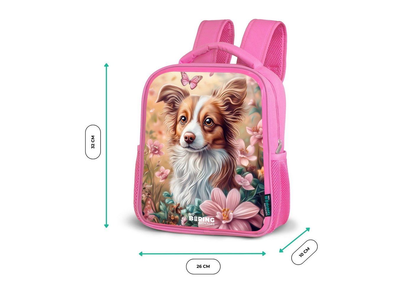 NoBoringSuitcases.com© Rucksack Rosa - Hund im Blumenfeld mit Schmetterlingen, Kinderrucksack, Schulrucksack, Freizeitrucksack, Mädchen, Kindergarten Bild 5