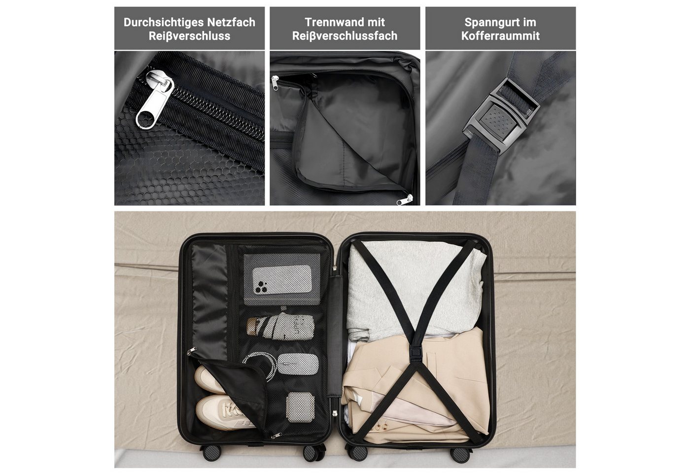 Henunem Kofferset Trolleyset Reisekoffer ABS Hartschalenkoffer mit Zahlenschloss, Hartschalen Rollkoffer,2 tlg,4 Rollen,ABS-Material, grau-B Bild 5