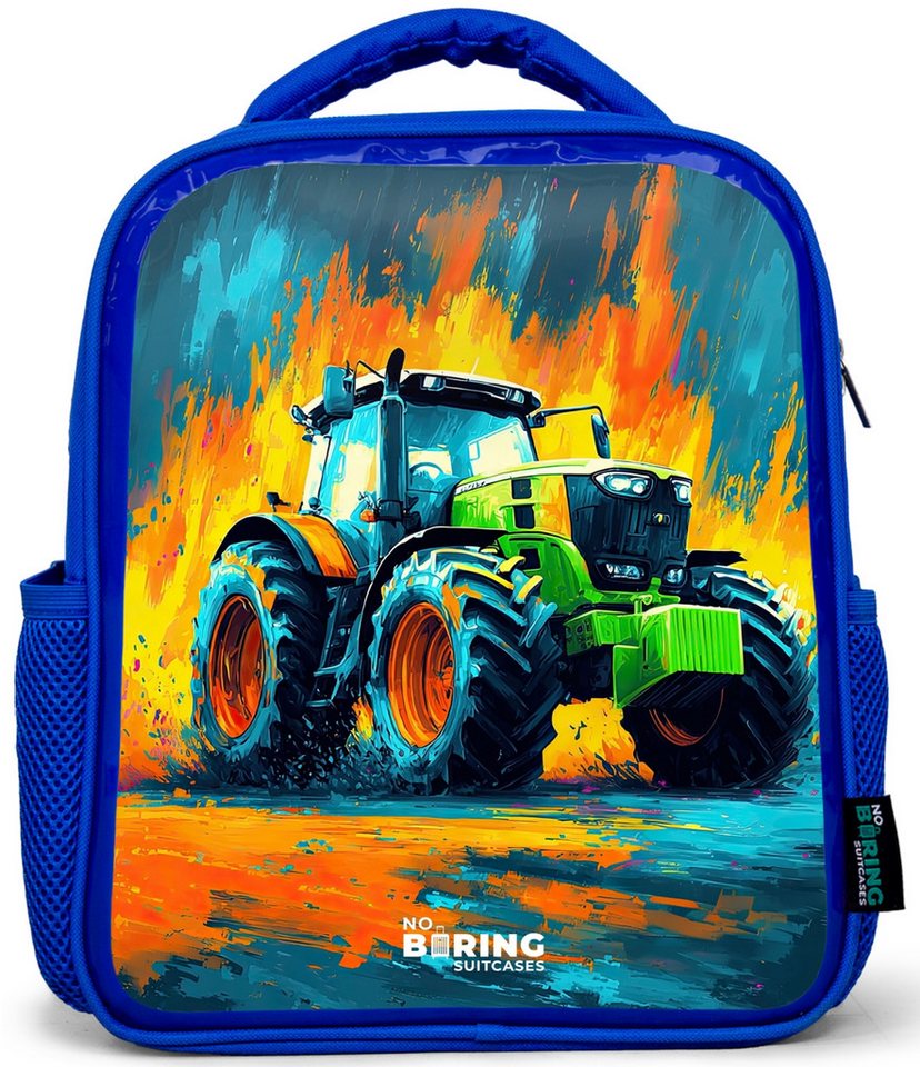 NoBoringSuitcases.com© Rucksack Blau - Traktor - Grün - Abstrakt - Pinselstriche, Kinderrucksack, Schulrucksack, Freizeitrucksack, Jungen, Kindergarten