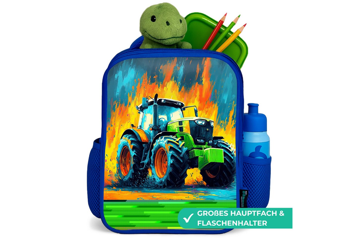 NoBoringSuitcases.com© Rucksack Blau - Traktor - Grün - Abstrakt - Pinselstriche, Kinderrucksack, Schulrucksack, Freizeitrucksack, Jungen, Kindergarten Bild 3