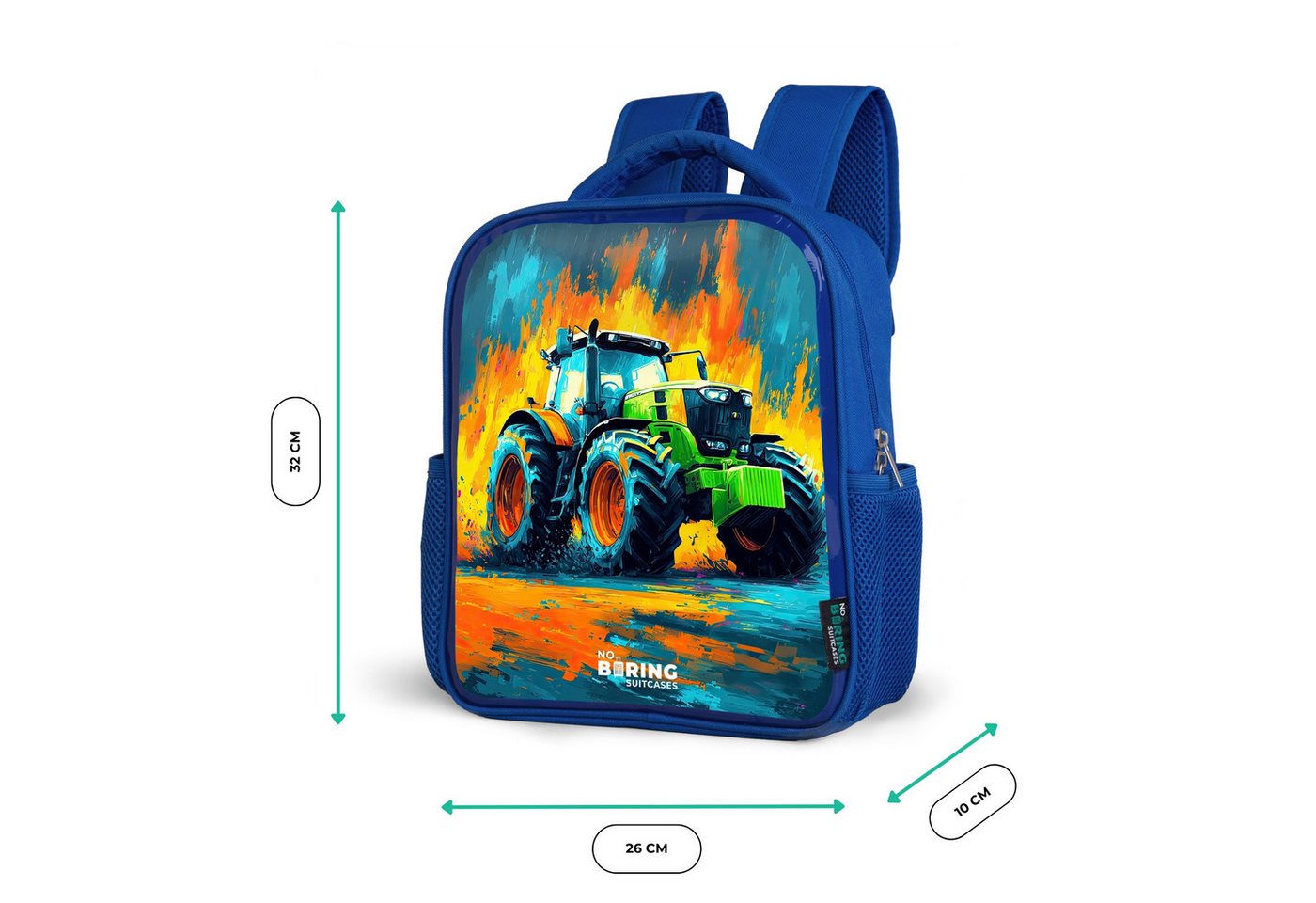 NoBoringSuitcases.com© Rucksack Blau - Traktor - Grün - Abstrakt - Pinselstriche, Kinderrucksack, Schulrucksack, Freizeitrucksack, Jungen, Kindergarten Bild 4