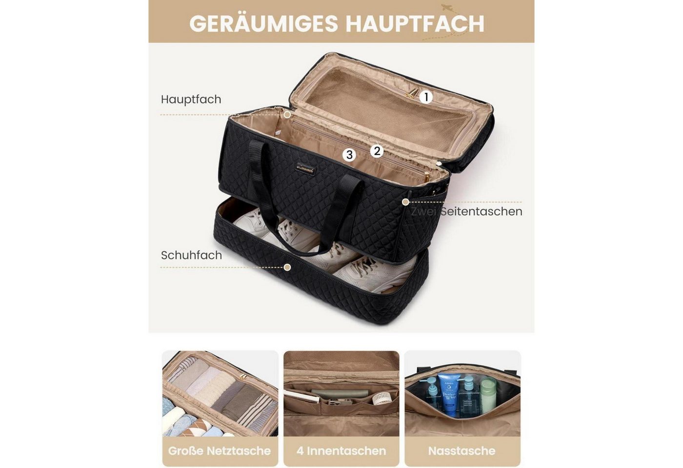 LuxusKollektion Weekender Reisetasche Damen mit Schuhfach, Große Öffnung Weekender