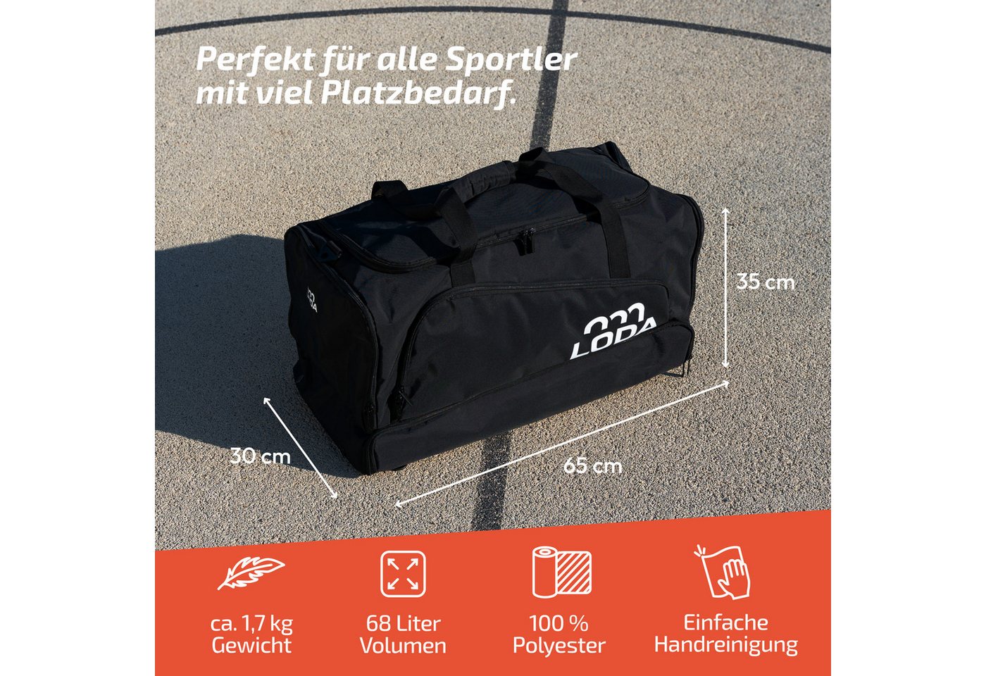 LODA sports Sporttasche team 68L - Trainingstasche mit Rucksackfunktion & Schuhfach, 65cm (L) x 30cm (B) x 35cm (H), 68 Liter Volumen