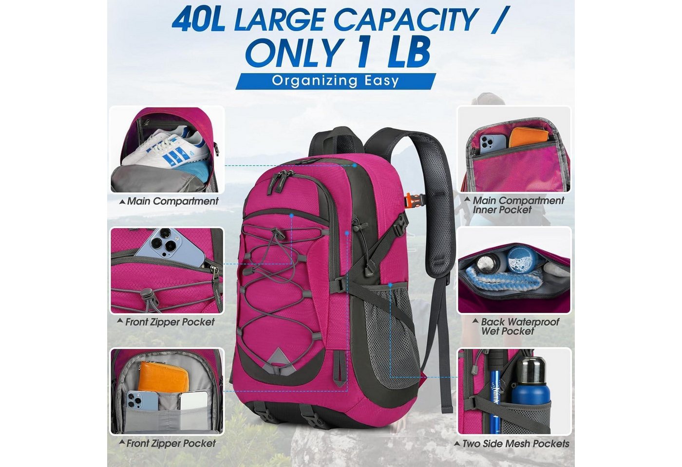LuxusKollektion Wanderrucksack Wanderrucksack 40L Herren Damen wasserdicht Reflexstreifen Rose