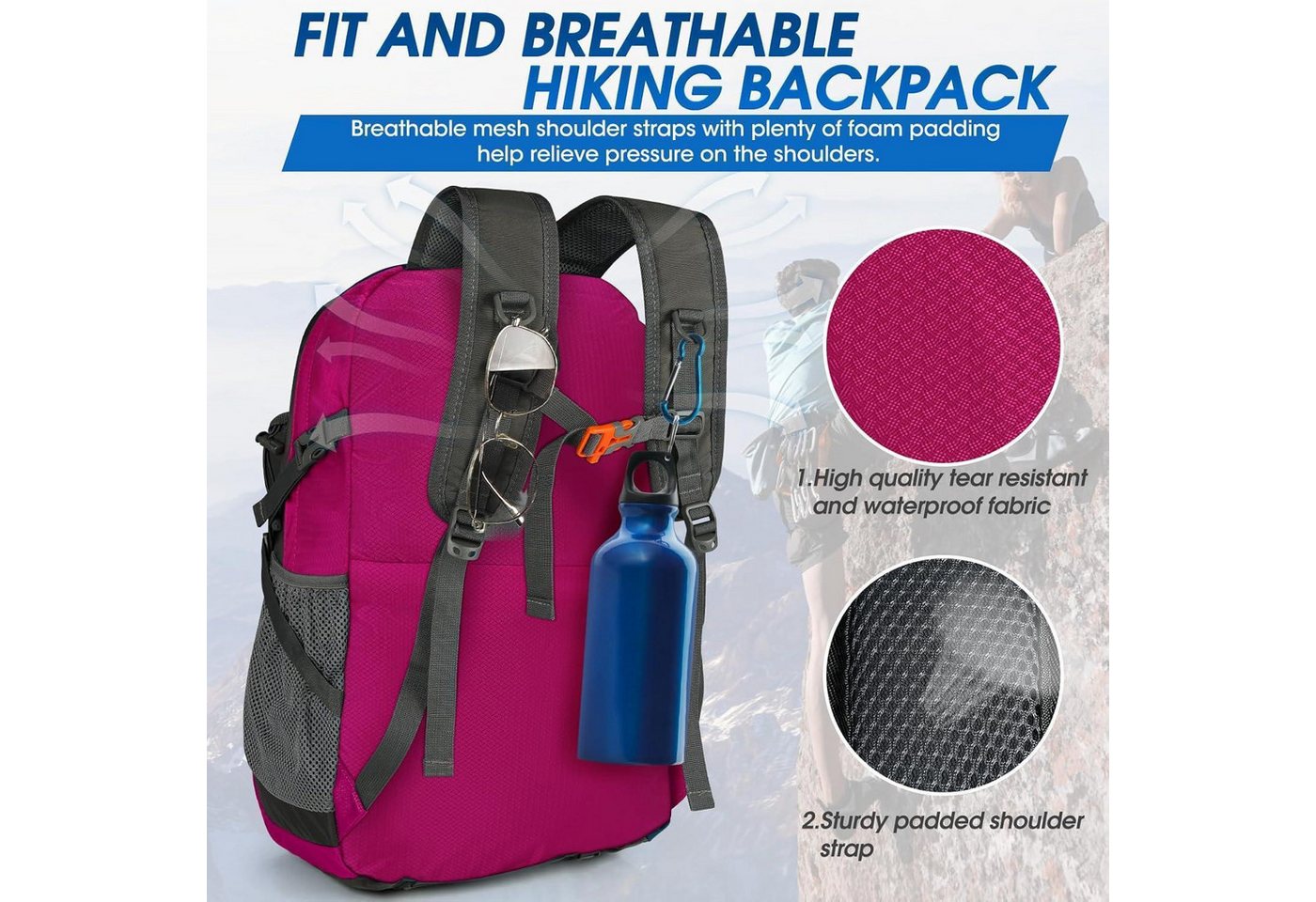 LuxusKollektion Wanderrucksack Wanderrucksack 40L Herren Damen wasserdicht Reflexstreifen Rose Bild 3