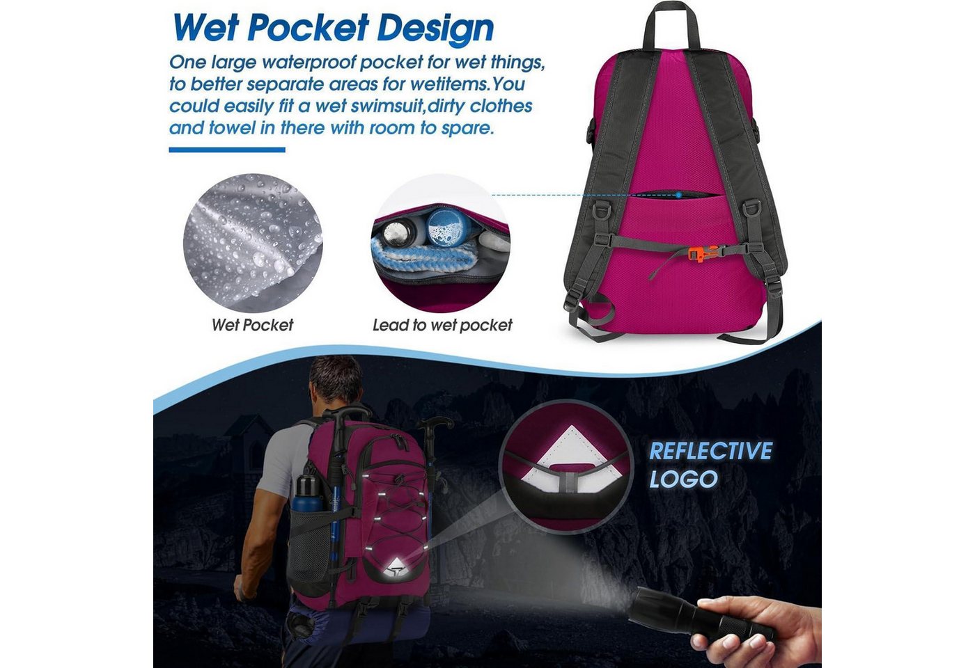 LuxusKollektion Wanderrucksack Wanderrucksack 40L Herren Damen wasserdicht Reflexstreifen Rose Bild 4