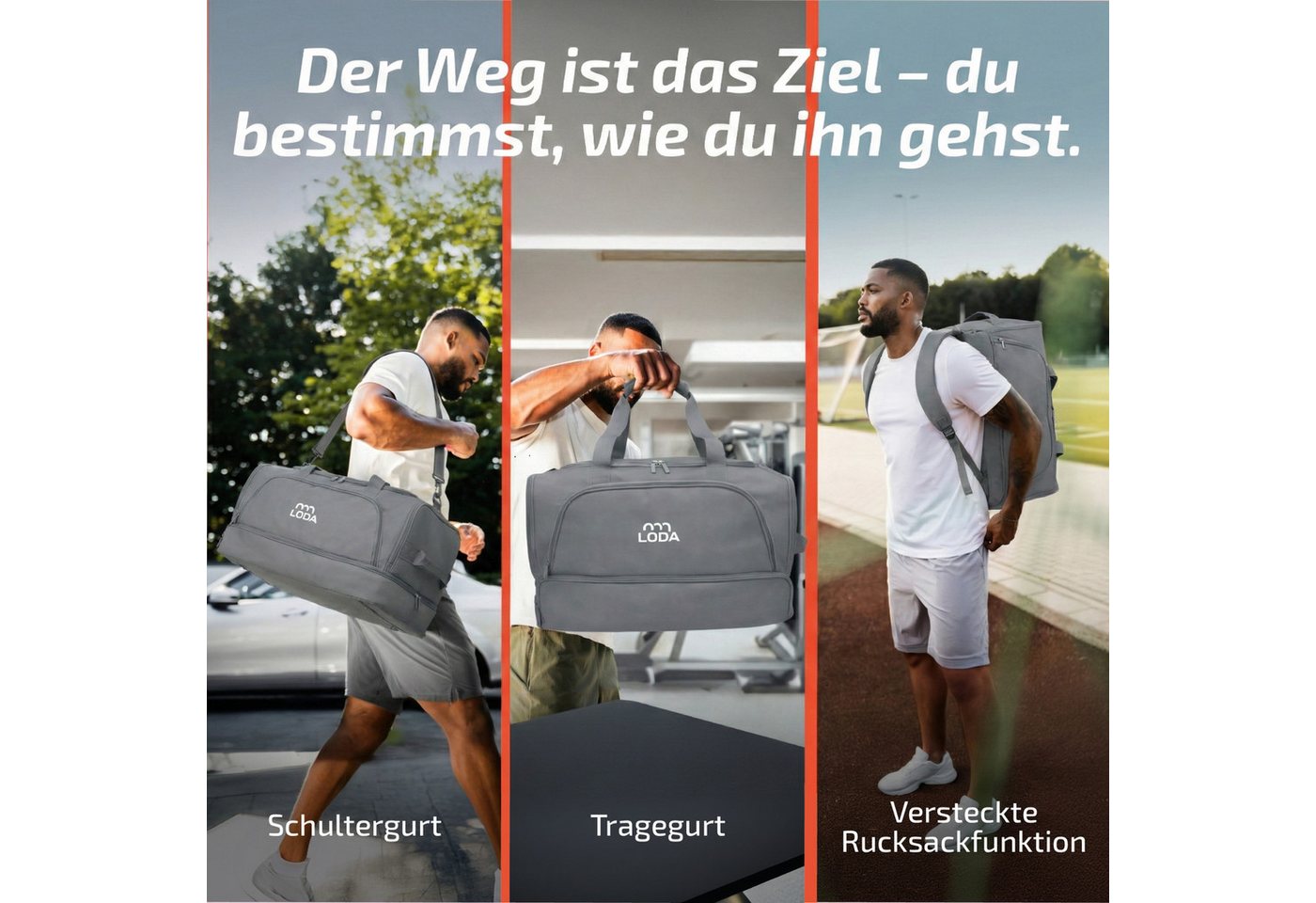 LODA sports Sporttasche compact 48L - Trainingstasche mit Rucksackfunktion & Schuhfach, 50cm (L) x 30cm (B) x 32cm (H), 48 Liter Volumen