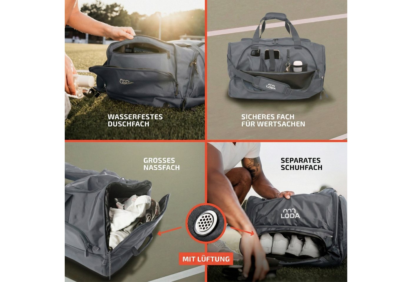 LODA sports Sporttasche compact 48L - Trainingstasche mit Rucksackfunktion & Schuhfach, 50cm (L) x 30cm (B) x 32cm (H), 48 Liter Volumen Bild 2