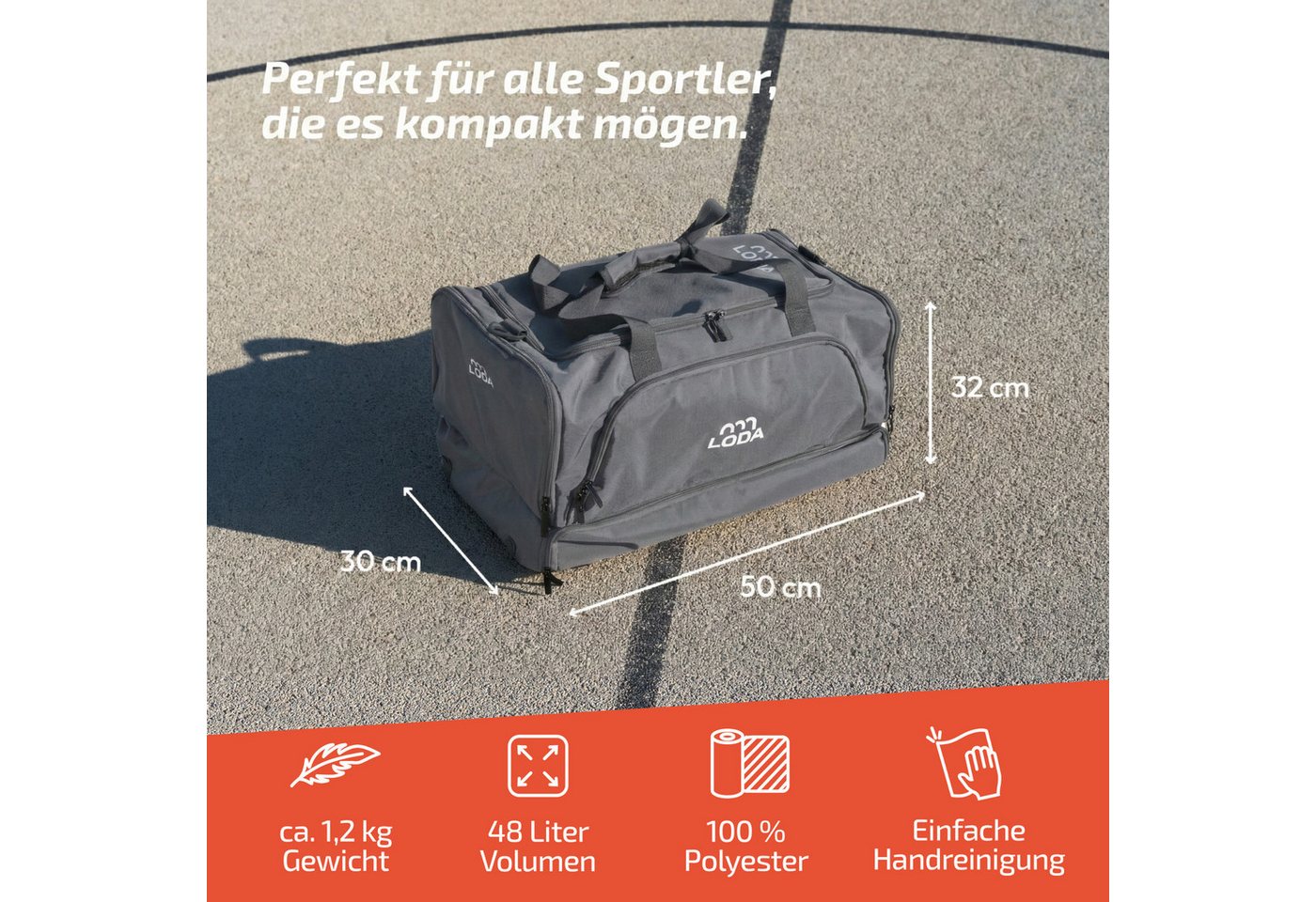 LODA sports Sporttasche compact 48L - Trainingstasche mit Rucksackfunktion & Schuhfach, 50cm (L) x 30cm (B) x 32cm (H), 48 Liter Volumen Bild 3