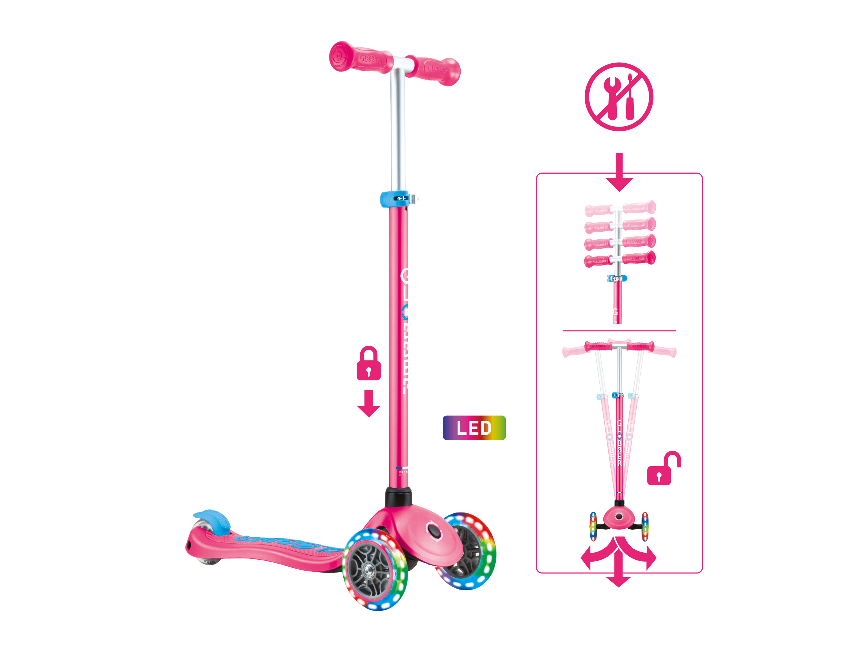 GLOBBER Tretroller Primo Plus Lights, mit LED-Leuchtrollen (Pink)