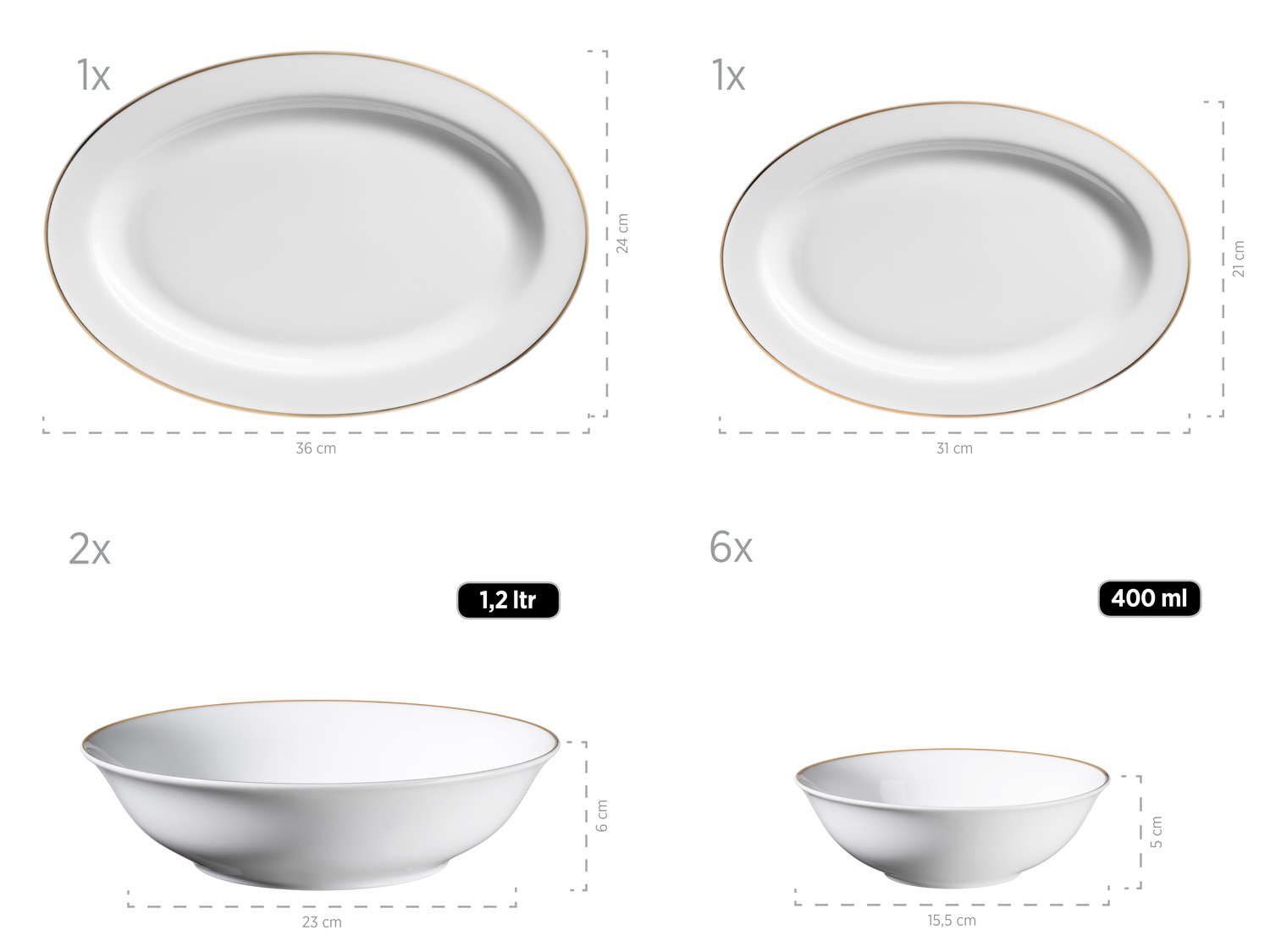 MÄSER Serie Professional Dining, Zubehör Set aus Müslischalen, Eierbechern, Schüsseln, Zuckerdose, Milchkännchen, Dipschälchen und Servierplatten, 24-teilig, Weiß mit Goldrand (Gold)
