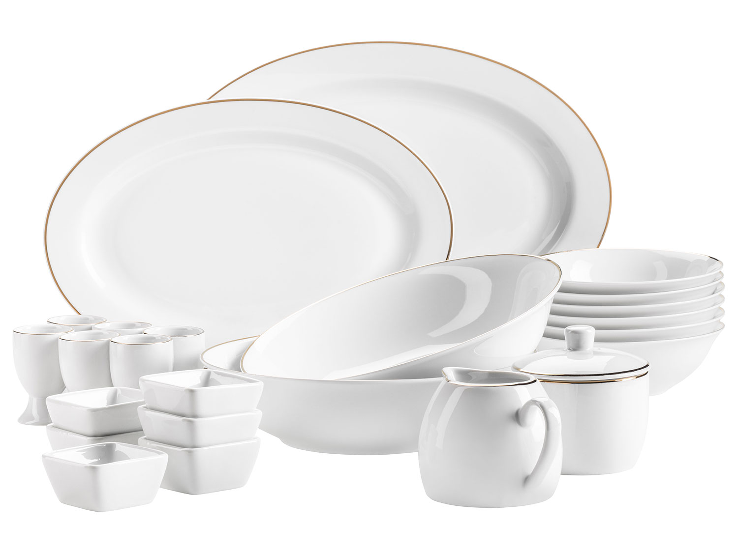 MÄSER Serie Professional Dining, Zubehör Set aus Müslischalen, Eierbechern, Schüsseln, Zuckerdose, Milchkännchen, Dipschälchen und Servierplatten, 24-teilig, Weiß mit Goldrand (Gold) Bild 2