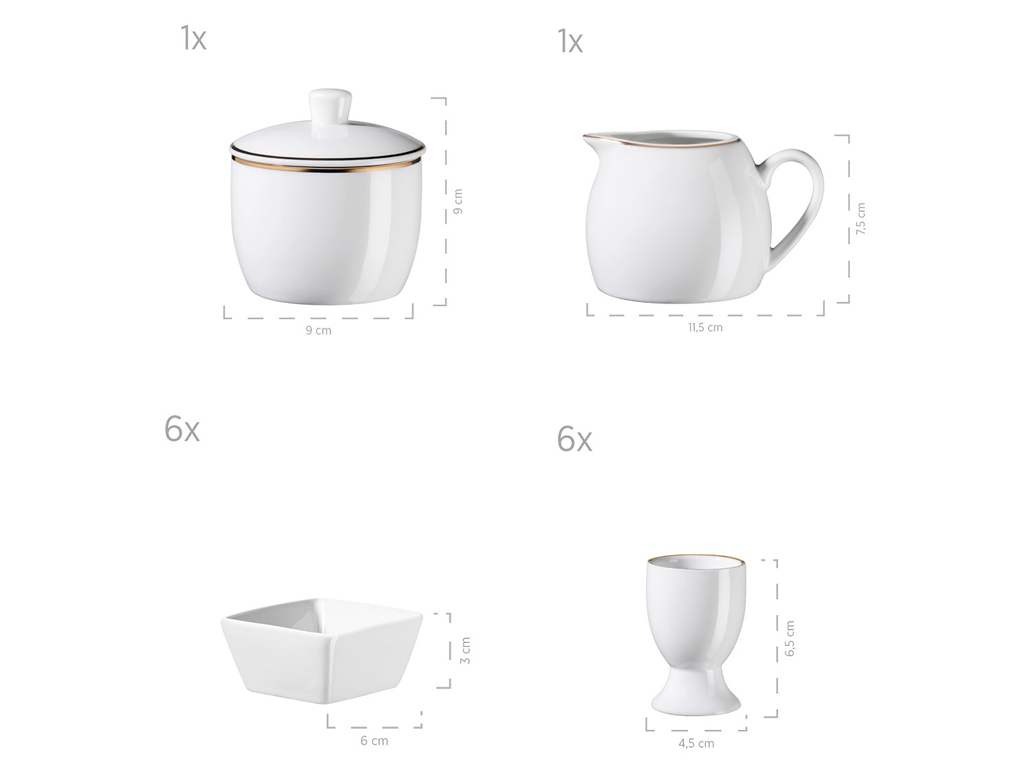 MÄSER Serie Professional Dining, Zubehör Set aus Müslischalen, Eierbechern, Schüsseln, Zuckerdose, Milchkännchen, Dipschälchen und Servierplatten, 24-teilig, Weiß mit Goldrand (Gold) Bild 3