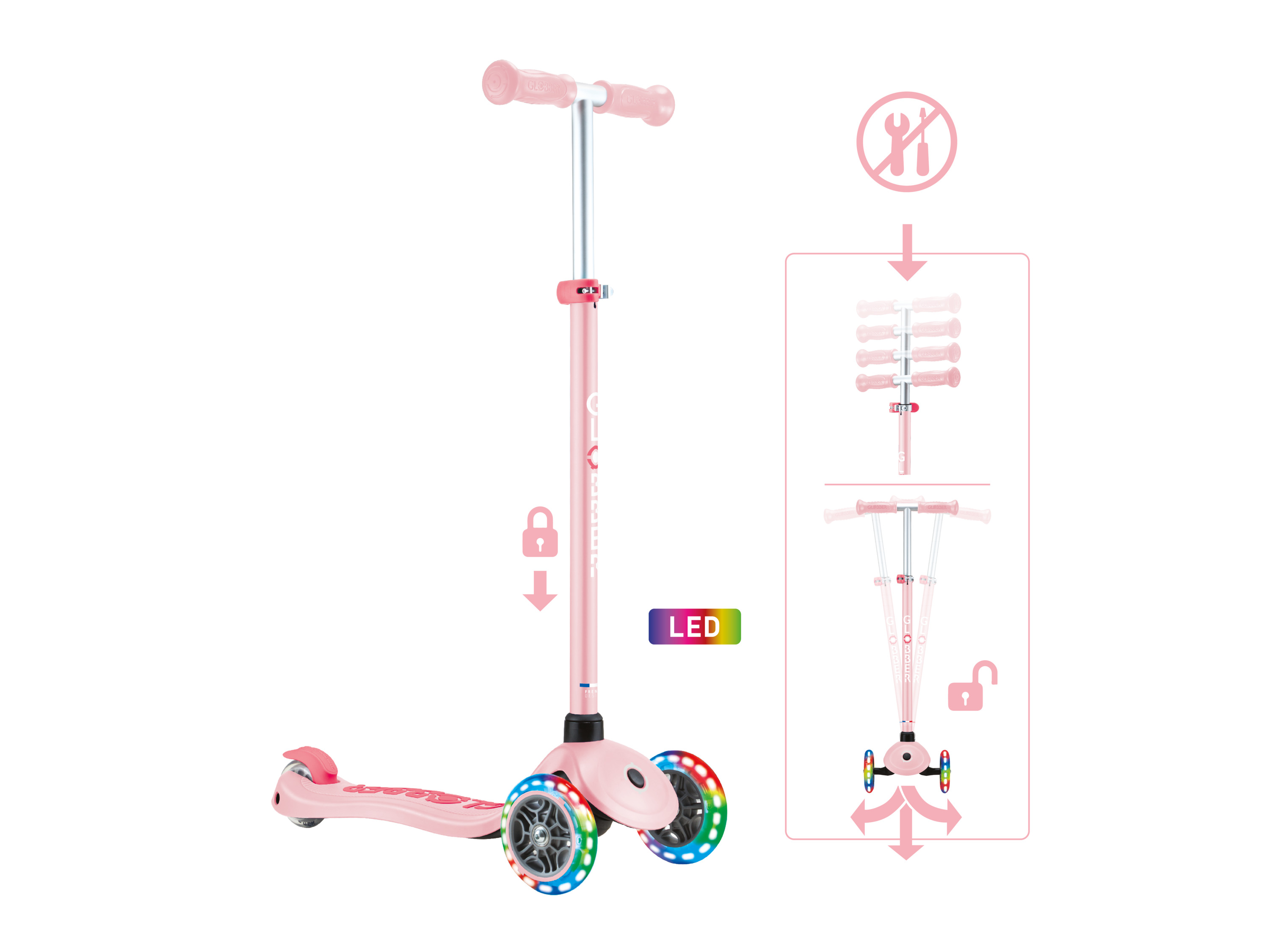 GLOBBER Tretroller Primo Plus Lights, mit LED-Leuchtrollen (Rosa)
