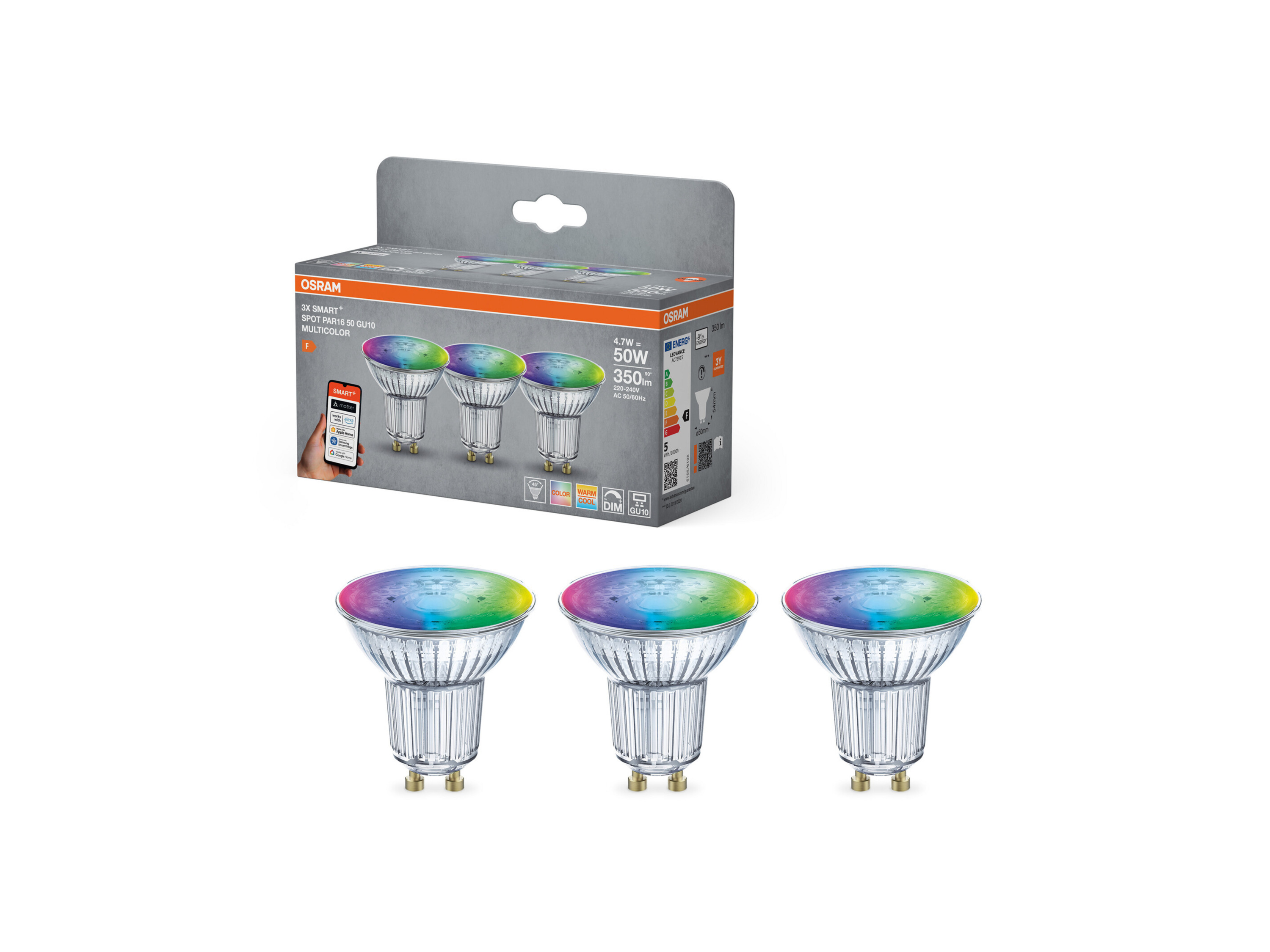 OSRAM Smart MATTER Leuchtmittel, 3er Pack (PAR16, GU10, RGBW, 2700 K, Silber)