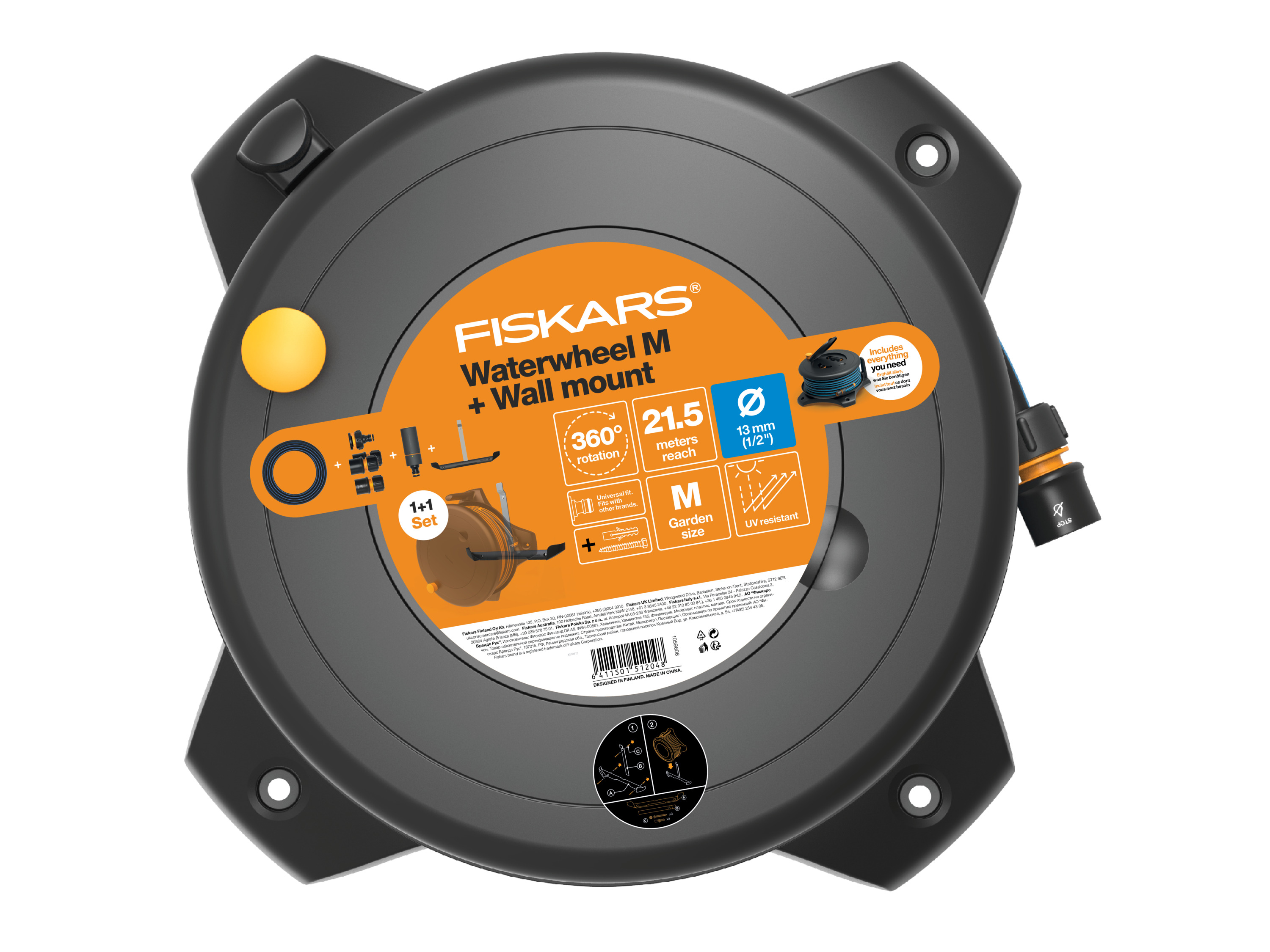 FISKARS Solid Wasserschlauchtrommel, inkl. 20 m Schlauch und inkl. Wandhalterung