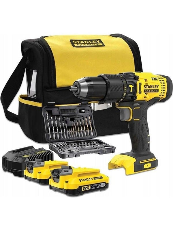 Stanley - Schlagbohrschrauber FatMax SFMCD711DSA (2 x 2,0 Ah + Ladegerät + Tasche + Set mit 50 Zubehörteilen)