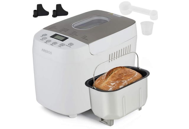Arebos - Brotbackautomat 1500g mit 15 Programmen 2 Knethaken Timer lcd Display 3 Bräunungsgrade und Brotgrößen 850 w Weiß