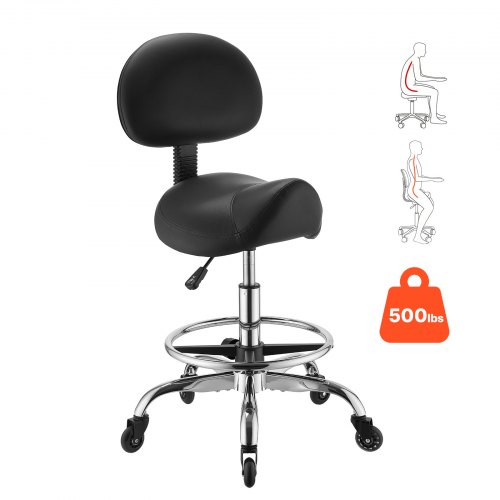 VEVOR Sattelhocker 226,8 kg, Rollhocker Höhenverstellbar, Bürohocker mit Rückenlehne, Fußstütze & Leiser Rollen, Sitzfläche aus PU-Leder, 360° Drehbar, Ideal für Salon, Spa, Bar, Arztpraxis