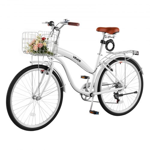 VEVOR Damenfahrrad 26 Zoll Cruiser-Fahrrad 150 kg 7-Gang Citybike Weiß, für Pendelfahrten Besorgungen und Strandfahrten, mit Doppelten V-Bremsen, 50 kg Gepäckträger, Schutzblechen und Werkzeugsatz