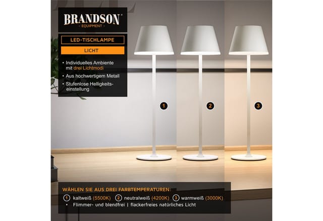 Brandson LED Tischleuchte mit Akku, Kabellos, mit Touch, Helligkeit stufenlos dimmbar, aus Metal