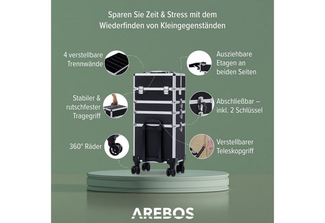 AREBOS 4-in-1 Kosmetikkoffer 4 Fächer & 1 Schublade Teleskop- und Tragegriff 8 Schlösser 4X 360°-Rollen Samtfutter Trolley Make-Up Koffer Schwarz