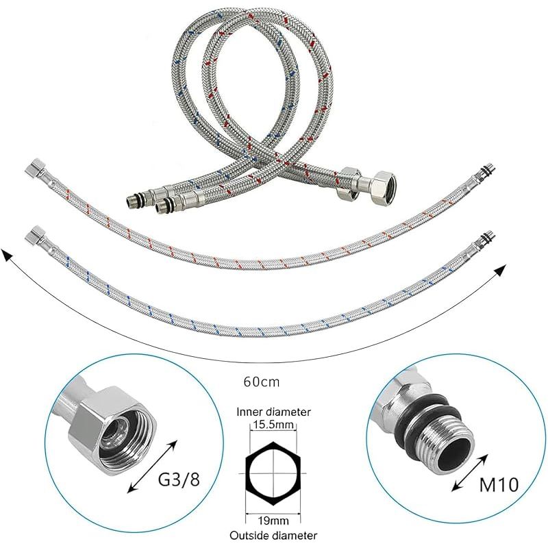 Set Mit 2 Wasseranschlussverlängerungen – 3/8"-flexschlauch – 60 Cm – Edelstahl – Für Küche Und Bad