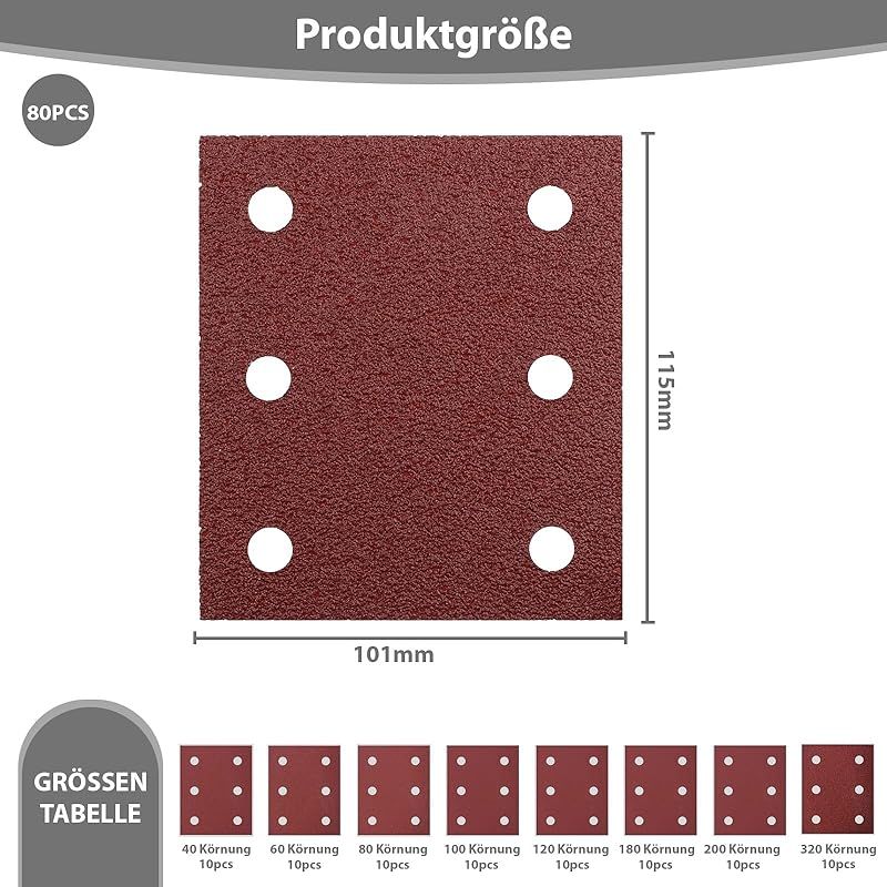 Packung Mit 80 Ersatzschleifpapierblättern Für Makita Bo4555, Bo4554, Bo4561, Dbo484z, Dbo480z, Bo4565k, Bo4565j, Bo4565, 115 X 101 Mm, Körnungen 40, 60, 80, 100, 120, 180, 240, 32, 0,6-mm-löcher.