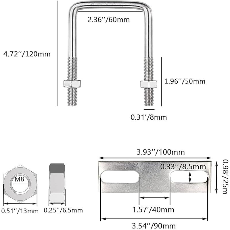 Satz Mit 4 U-bügeln Mit Gewinde, M8 60 X 120 Mm U-bügel, Schrauben Aus Edelstahl 304, U-bügel Mit Muttern Und Rahmenplatte, Für Abschleppen, Autos Und Boote, Reparatur