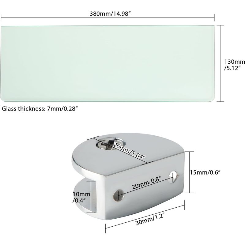 Wandmontiertes Glasregal, Duschregal Fürs Badezimmer, 38 Cm Lang Mit Regalhalterungen, Robust Und Praktisch