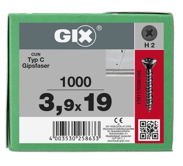 FP - spax gix-c für Gipsfaser, 3,9 x 19 mm, 1000 Stück, Vollgewinde, Spitzer Fräskopf, Kreuzschlitz H2, Nadelspitze - 1791170390195