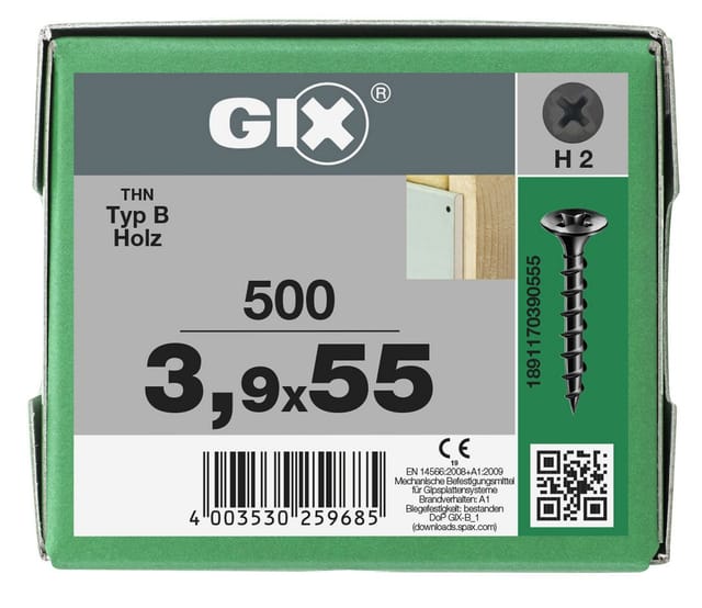 FP - spax gix-b Grobgewinde, 3,9 x 55 mm, 500 Stück, Vollgewinde, Trompetenkopf, Kreuzschlitz H2, Nadelspitze - 1891170390555