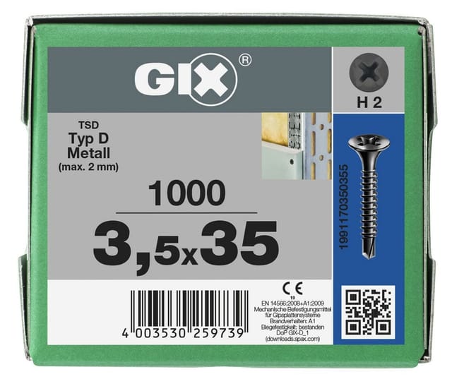 FP - spax gix-d Bohrspitze, 3,5 x 35 mm, 1000 Stück, Vollgewinde, Trompetenkopf, Kreuzschlitz H2, Bohrspitze - 1991170350355